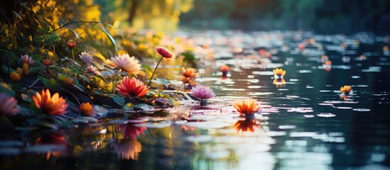 In the beautiful summer garden a background of vibrant green leaves and colorful flowers creates a stunning contrast against the white light reflecting off the glistening water showcasing th - obrazy, fototapety, plakaty