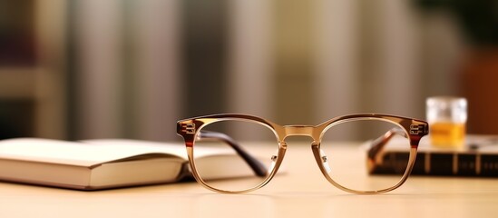 background of glasses on a table with books. - obrazy, fototapety, plakaty