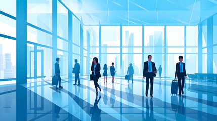 Silhouettes of business people in elegant suits walking in busy hall, going to their job. Vector illustration, tall city buildings silhouettes in the background