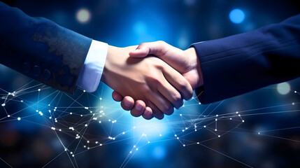 Businessman handshake for teamwork of business merger and acquisition, blue digital business background - obrazy, fototapety, plakaty