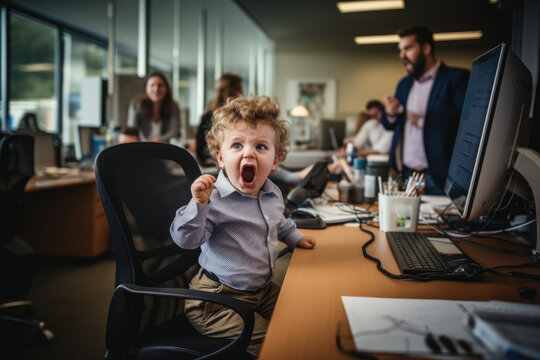 Turbulent Workplace. Angry Toddler Girl Sitting in Office with Frustrated and Failed Boss. Unruly Office Atmosphere concept. AI Generative
