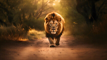 A big and beautiful wild lion walking towards the camera on a dusty jungle road. Blurred savanna trees and grass in the background - obrazy, fototapety, plakaty