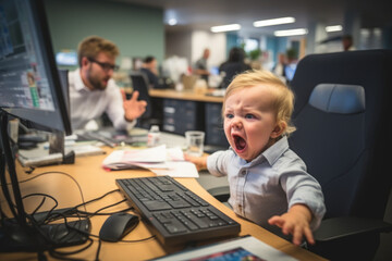Turbulent Workplace. Angry Toddler Girl Sitting in Office with Frustrated and Failed Boss. Unruly Office Atmosphere concept. AI Generative - obrazy, fototapety, plakaty