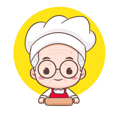 Obraz premium Cute grandfather chef cartoon. Grandpa cooking logo vector art. People Food Icon Concept. restaurant and homemade culinary logo