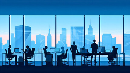 Silhouettes of business people sitting and standing in office, vector illustration, city skyline silhouette in the background