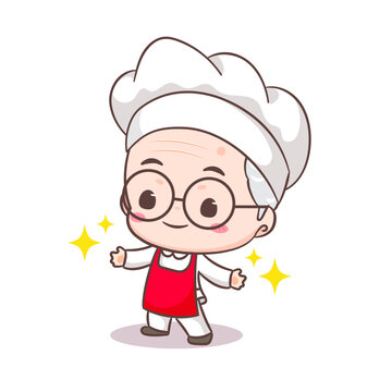 Cute grandfather chef cartoon. Grandpa cooking logo vector art. People Food Icon Concept. restaurant and homemade culinary logo