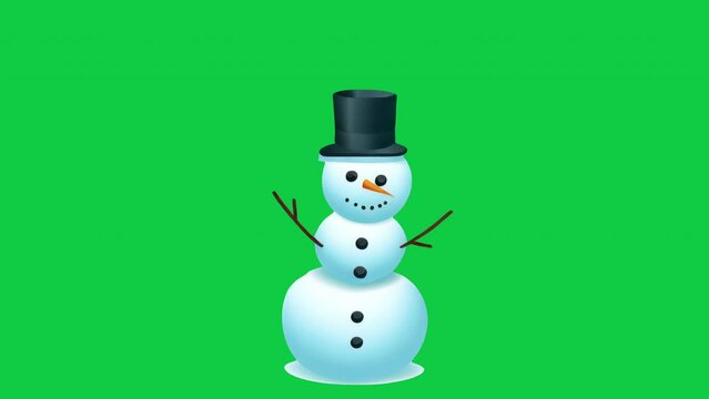 Animated funny snowman character isolated green screen.