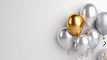 3d realistic gold and silver balloon party decoration on white background.