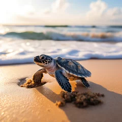 Draagtas baby sea turtle on beach running towards the ocean. © mindstorm