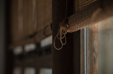 Closeup of bamboo curtain on window. Beijing, China