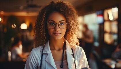 Portrait of a female doctor looking at the camera and reviewing a medical history.