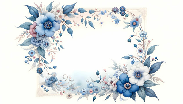 Watercolor floral frame with blue flowers and leaves.
