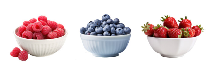 Three bowls with raspberries, blueberries and strawberries over white transparent background