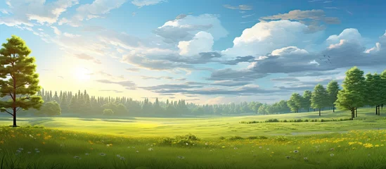 Deurstickers The sun bathed the summer sky in golden light illuminating the vibrant green grass and the tall majestic trees that adorned the picturesque landscape as fluffy clouds drifted lazily overhead © TheWaterMeloonProjec