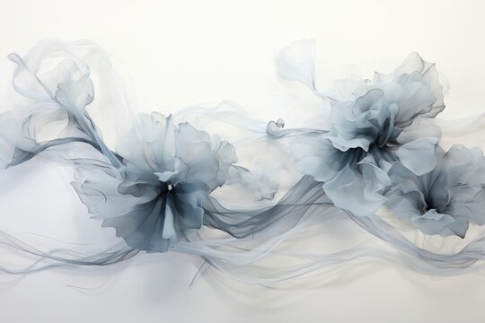An abstract background image crafted for creative content, featuring ethereal gray flowers enveloped in wisps of smoke, offering a unique and artistic backdrop. Photorealistic illustration
