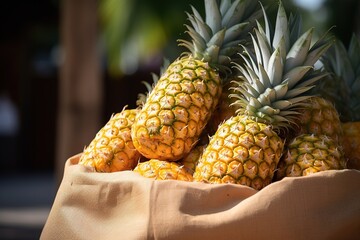 Harvesting bag full of pineapple. Close up shot