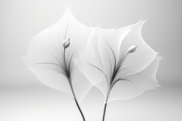 An abstract background image for creative content, rendered in black and white and showcasing transparent flowers, offering a minimalist and versatile canvas. Photorealistic illustration