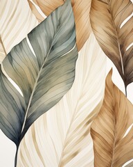 watercolor tropical leaves in beige brown colors