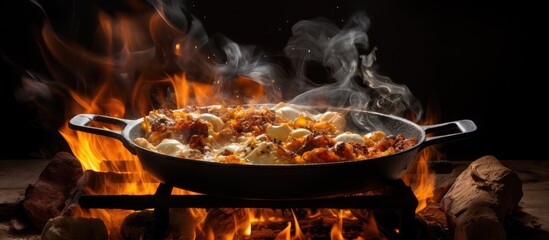 In the modern and isolated home kitchen against a white background the fire crackled as the chef prepared a delicious breakfast using metal cooking utensils it felt like a camping experience