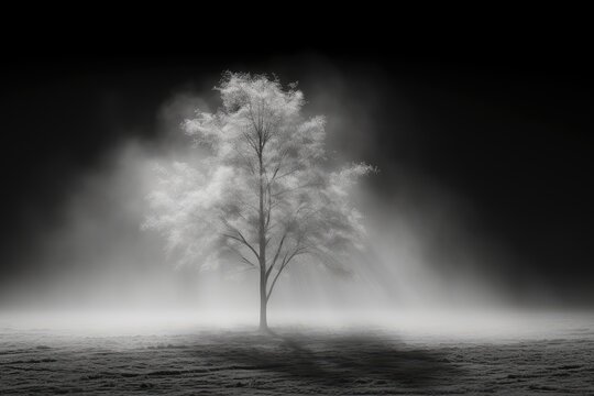 An abstract background image for creative content in black and white, featuring a tree shrouded in morning mist, offering a serene canvas for artistic expression. Photorealistic illustration