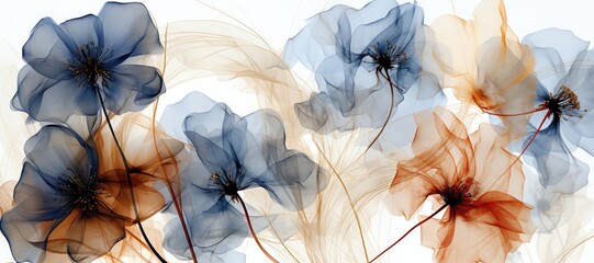 An abstract background image for creative content, featuring blue and brown flowers, providing a canvas for artistic expression with a harmonious and earthy color palette. Photorealistic illustration