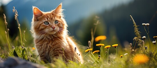The photographer captured a breathtaking portrait of a cute young orange cat with funny eyes and a distinct orange hair in the background of a beautiful nature scene