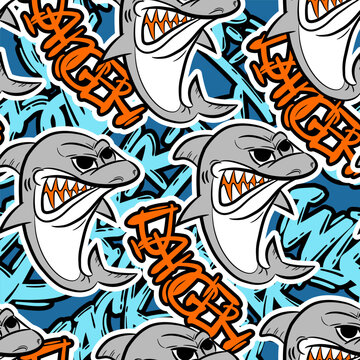 Grunge seamless pattern with cool shark and graffiti text on blue background.  Print for boys