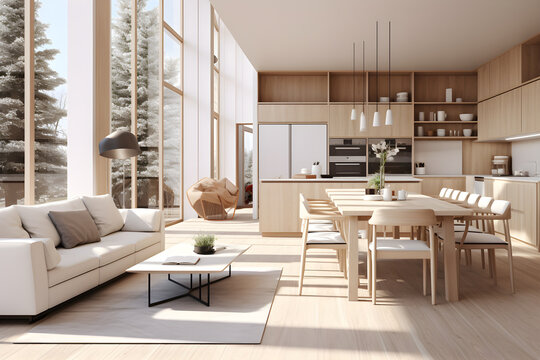 Modern white living room with open plan kitchen and dining area, in the style of sunrays shine upon