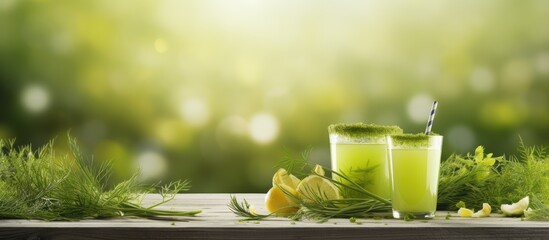 In the abstract summer background the lush green grass gently sways as a white table displays a vibrant array of colorful and healthy juices showcasing the harmonious blend of nature and a s