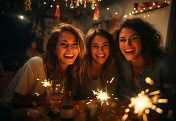 Obraz na płótnie Canvas Happy young women celebrating Christmas dinner at home