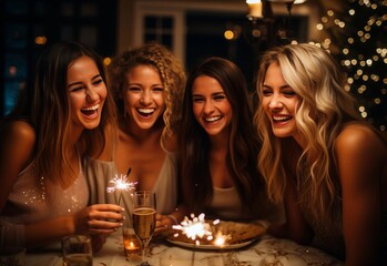 Obraz na płótnie Canvas Happy young women celebrating Christmas dinner at home