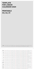 Linear calendar template for 2024 with months. Vector illustration. Printable. A3, A2, A1 format. Week starts on Sunday. Annual calendar planner. Vertical orientation. English. Agenda organizer