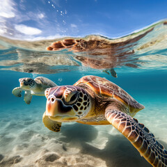 Fototapeta premium sea turtle swimming in clear ocean waters.
