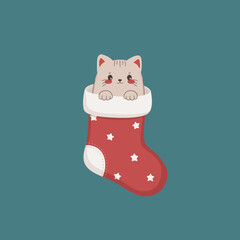 Uroczy kot w świątecznej czerwonej skarpecie. Bożonarodzeniowa ilustracja w zabawnym stylu.