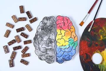 Logic and creativity. Paper brain with one colorful part and another grey on white background, flat...