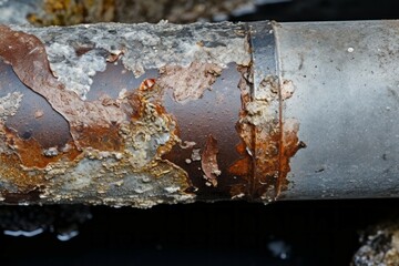 A very old damaged pipe, side view. Background with selective focus and copy space