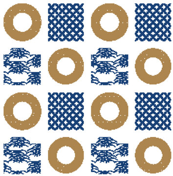 geometric pattern with blue and white in vintage style. Circle and square elements in Japanse style