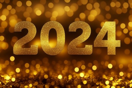 Text or inscription 2024 in gold tones. New Year concept. Background with selective focus and copy space