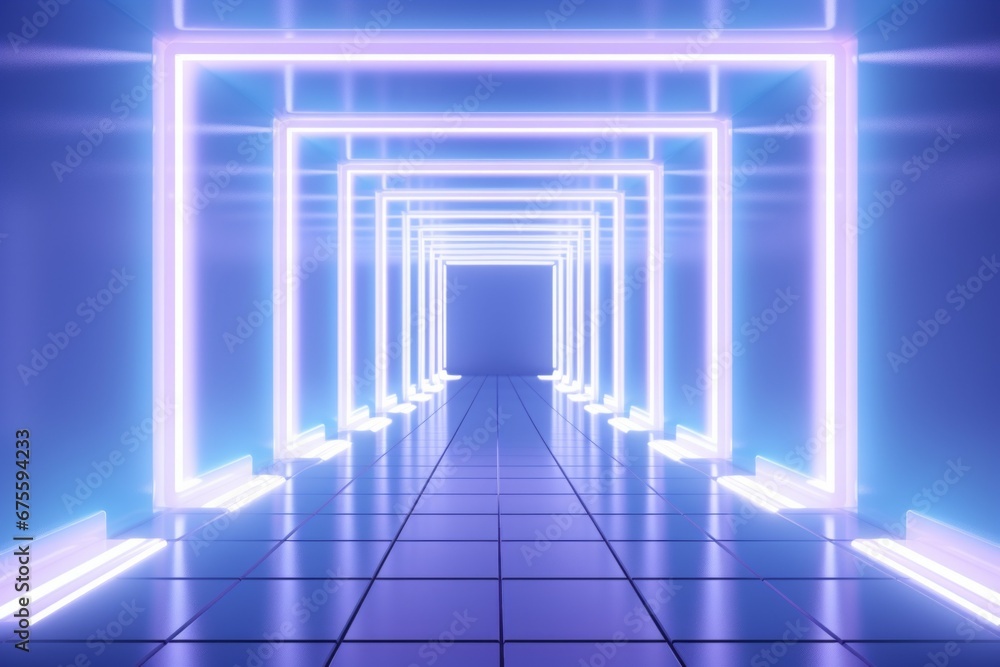 Poster long empty corridor with neon lights. background with selective focus and copy space