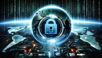 Cybersecurity: Protecting Global Networks with a Locked Circuit and World Map Background, big lock, padlock icon surrounded by digital data, m Created with Generative AI Technology