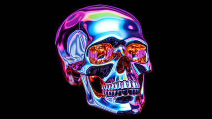 Abstract 3d sculpture holographic art futuristic design. Statue with liquid metallic texture with on black background.