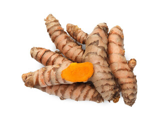 Fresh turmeric roots isolated on white, top view