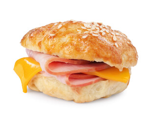 Delicious bagel with ham and cheese isolated on white