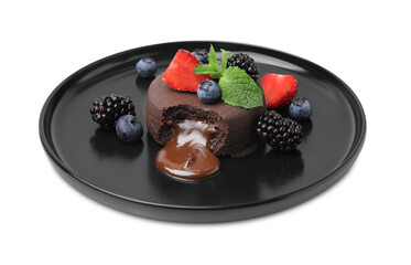 Plate with delicious chocolate fondant, berries and mint isolated on white