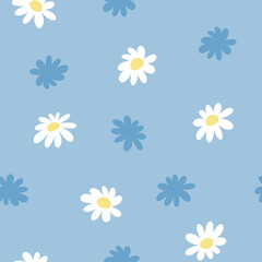 Blue shade chamomile seamless pattern. Cute hand drawn isolated white flowers on baby blue pastel background. Sweet botanical floral allover print