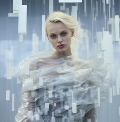 A model in silver wearing a clear outfit at artificial environments background made of post-minimalist structures and ethereal figures. Futuristic iridescent concept.