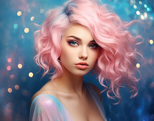 Beautiful pink haired young woman  in a night club with sparkles and glitter. Party glitter girl in pinkish world.