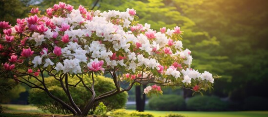 In the beautiful summer garden a white floral tree stood tall adorned with pink flowers and green leaves creating a stunning backdrop that highlights the natural beauty of the vibrant color