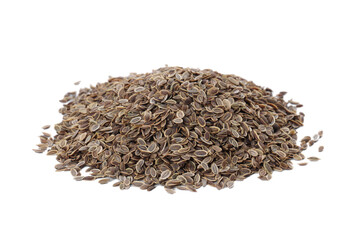 Heap of dry dill seeds isolated on white