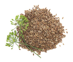 Heap of dry seeds and fresh dill flowers isolated on white, top view